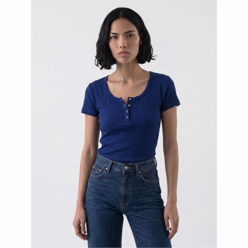 GUESS Los Angeles Henley Top Womens XS Cobalt Blue Ribbed Short Sleeve